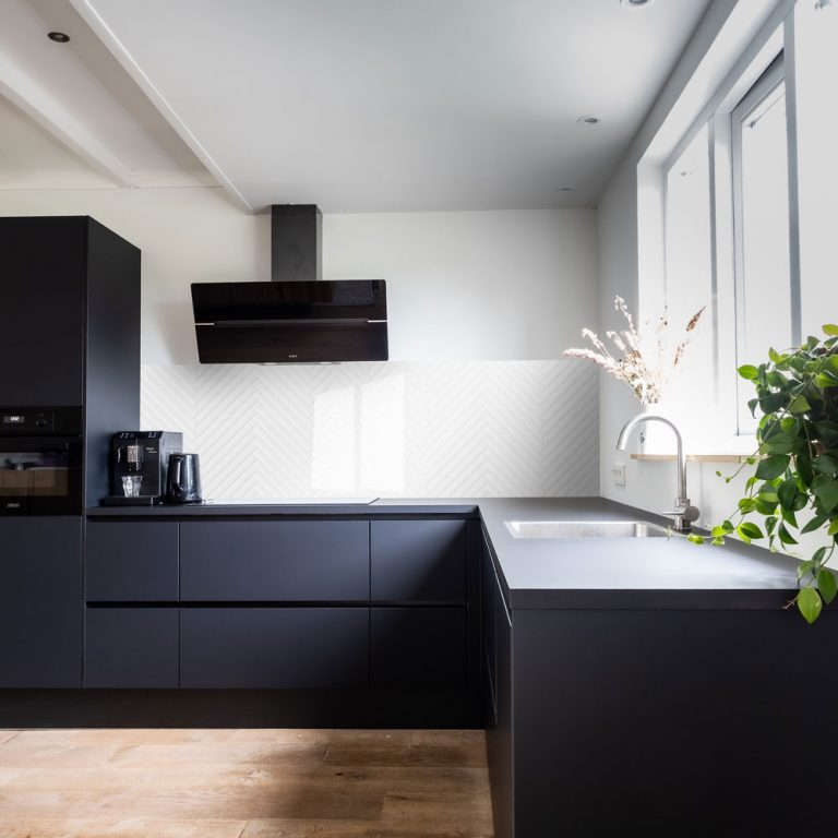 White Printed Herringbone Tile Splashback - Custom Splashbacks