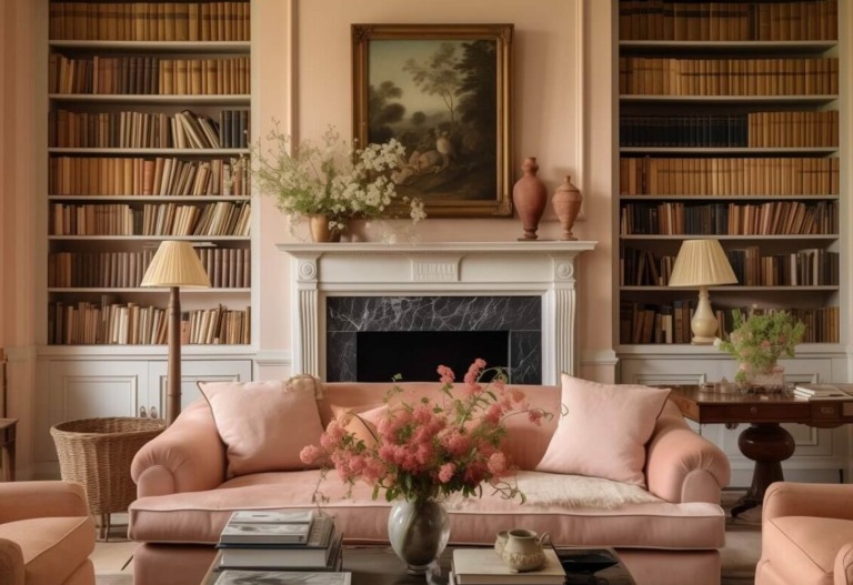 2024 Home Interior Design Trends Custom Splashbacks   Classic Living Room Peach Walls Bookshelves Pantone Color Of The Year 2024 Nordroom 1130x1500 1 E1704187712319 768x527 